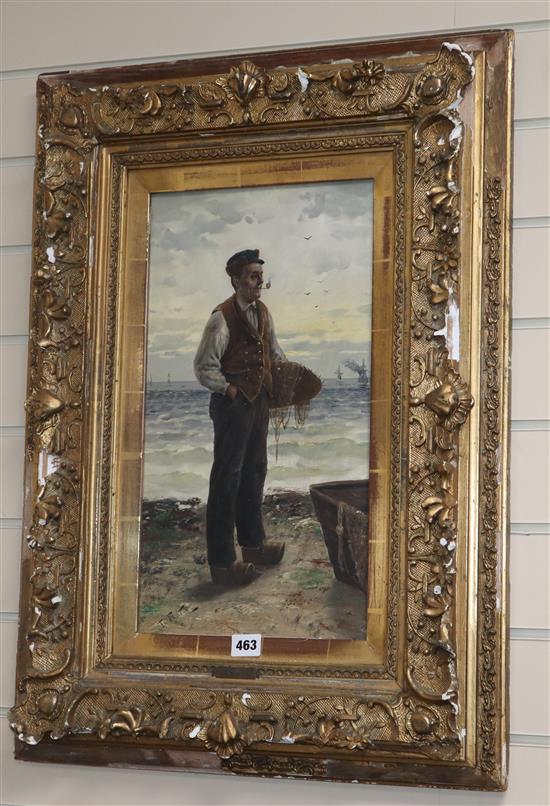 T. Piéta, oil on board, Dutch fishermen on the shore, signed, 46 x 24cm